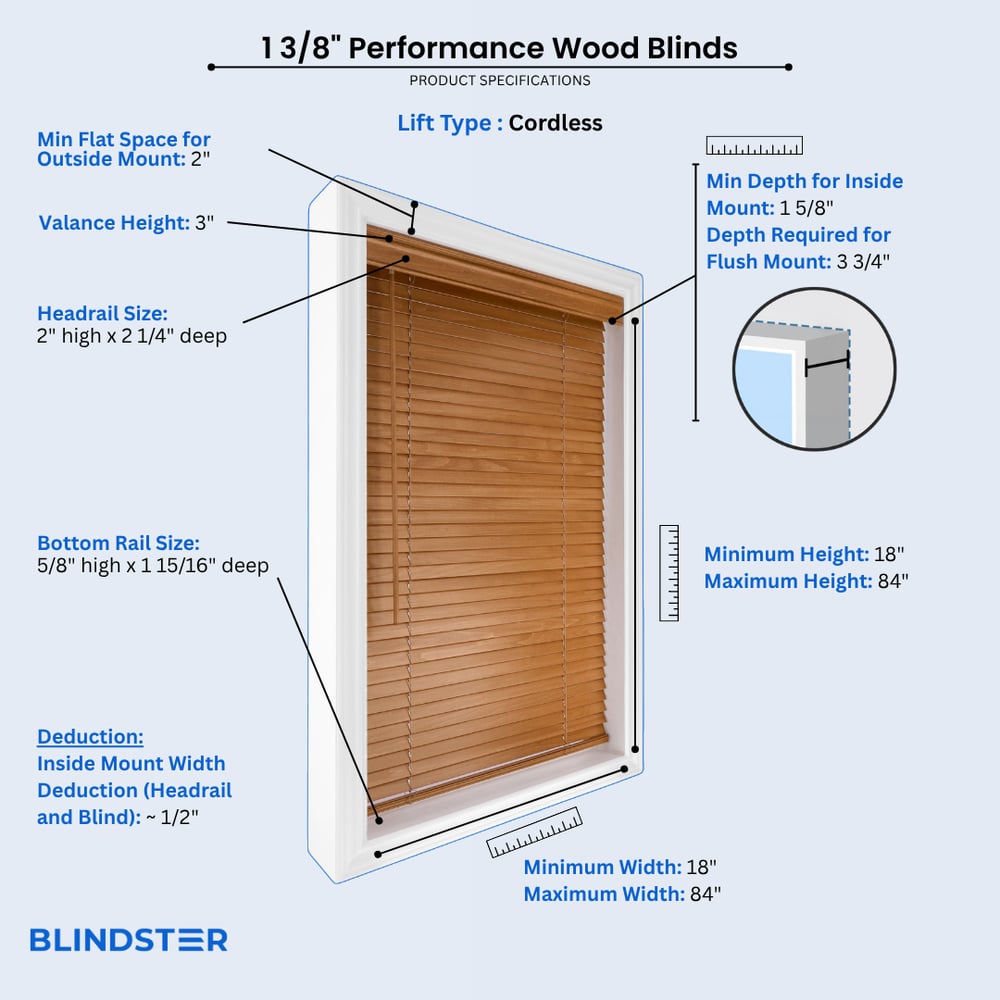 1 3/8 Inch Performance Wood Blinds dimensions diagram 1 of 2