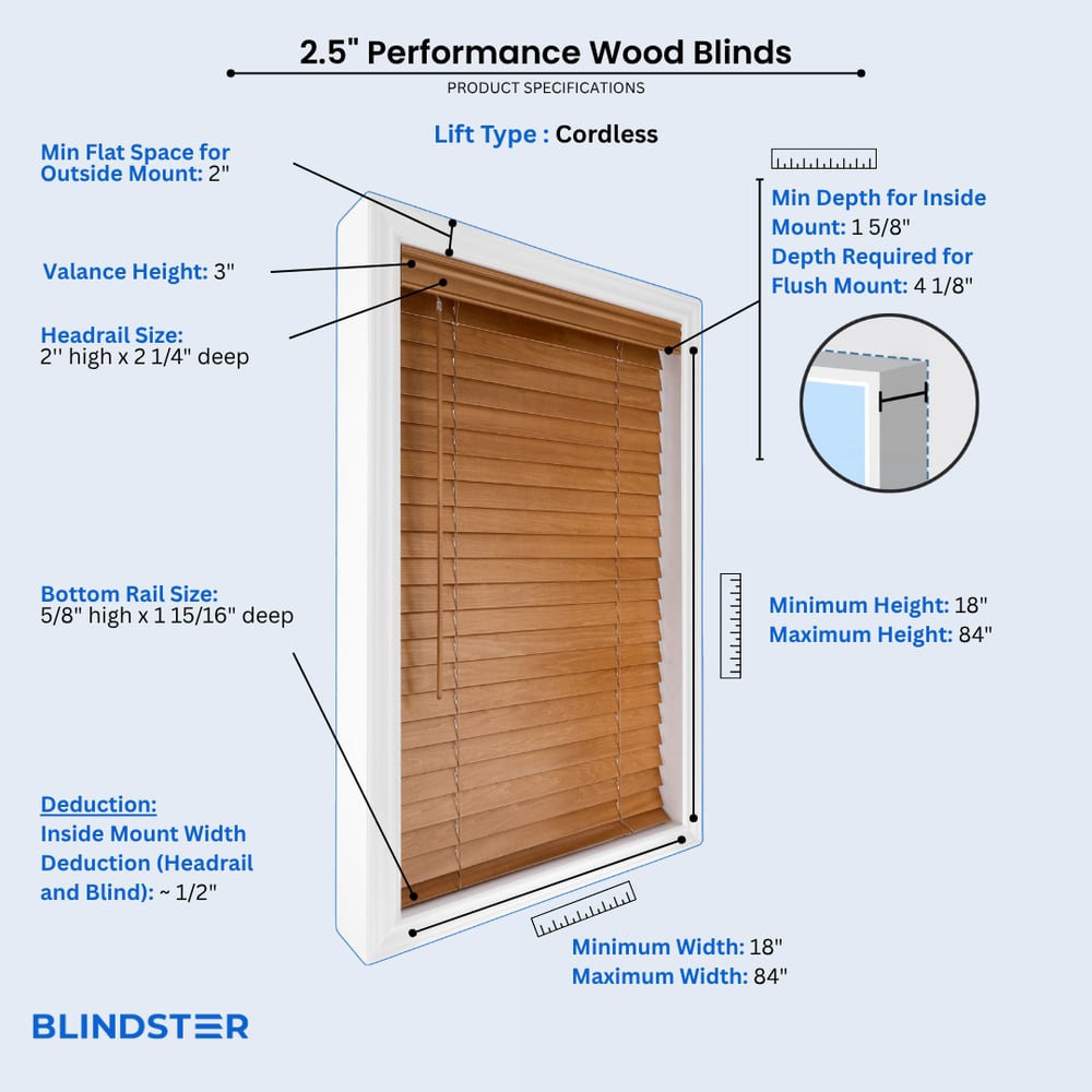 2 1/2 Inch Performance Wood Blinds dimensions diagram 1 of 2