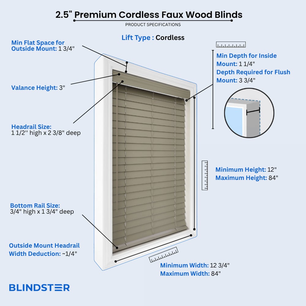 2 1/2 Inch Premium Cordless Faux Wood Blinds dimensions diagram