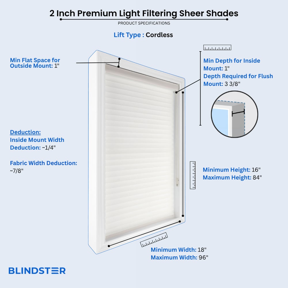 2 Inch Premium Light Filtering Sheer Shades dimensions diagram 2 of 3