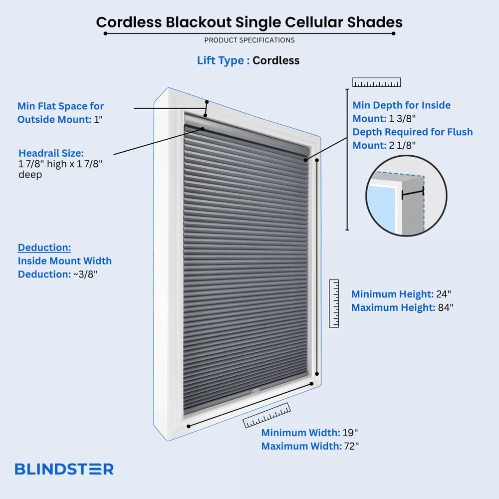 Cordless Blackout Single Cellular Shades dimensions diagram