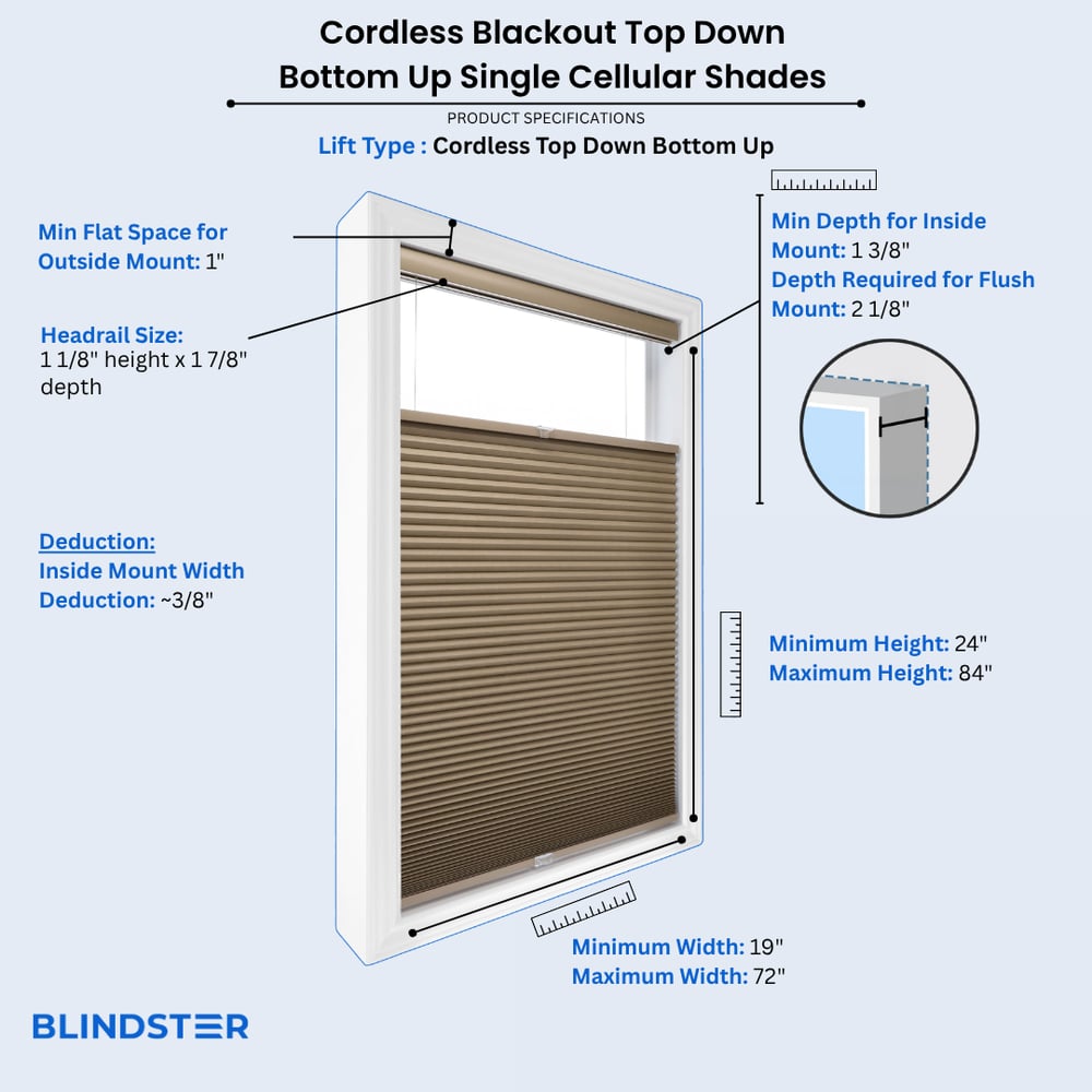 Cordless Blackout Top Down Bottom Up Single Cellular Shades dimensions diagram
