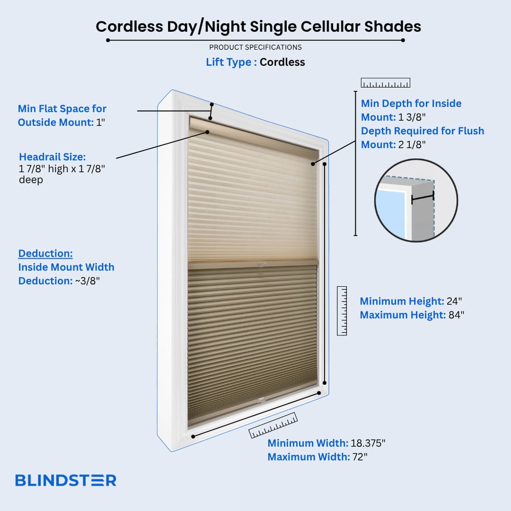 Cordless Day/Night Single Cellular Shades dimensions diagram
