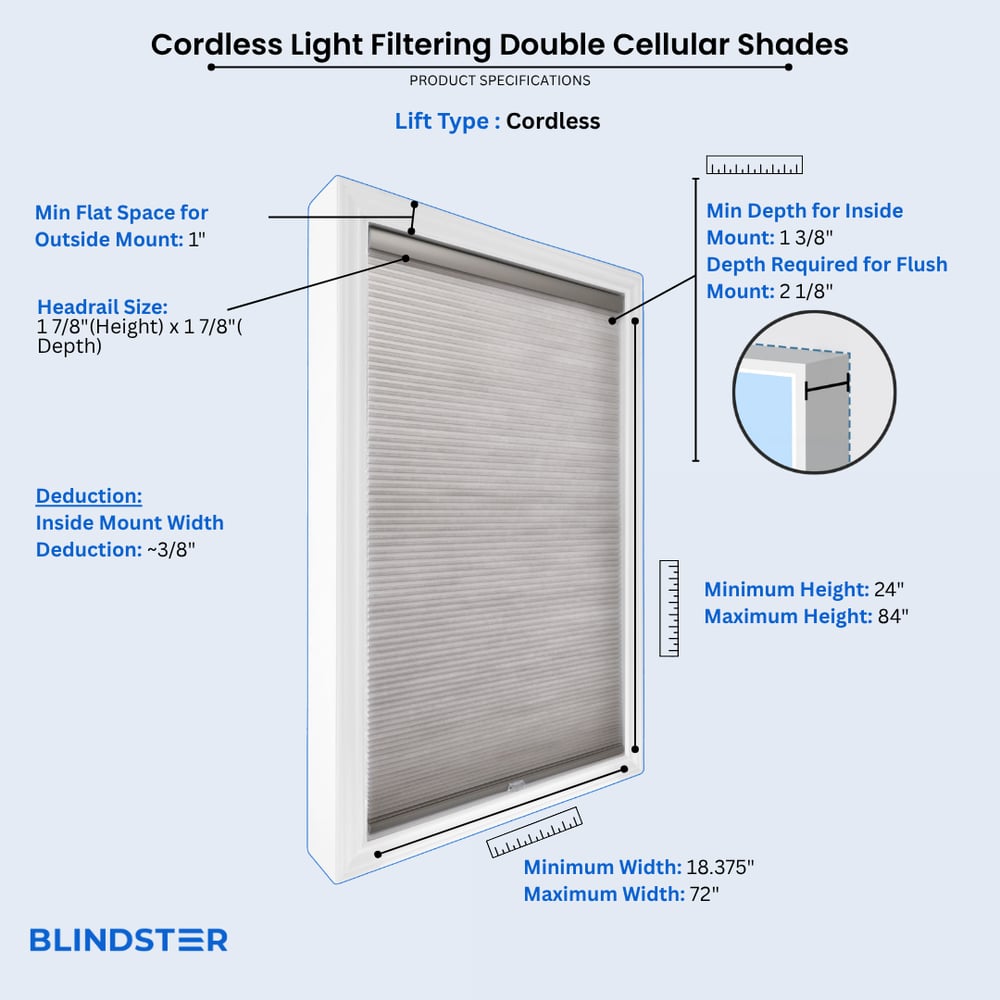 Cordless Light Filtering Double Cellular Shades dimensions diagram