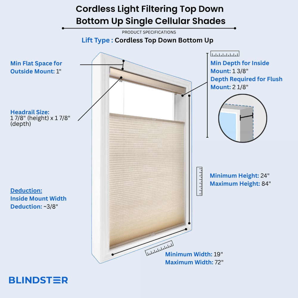 Cordless Light Filtering Top Down Bottom Up Single Cellular Shades dimensions diagram