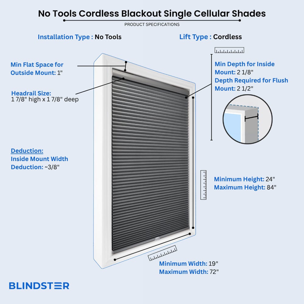 No Tools Cordless Blackout Single Cellular Shades dimensions diagram