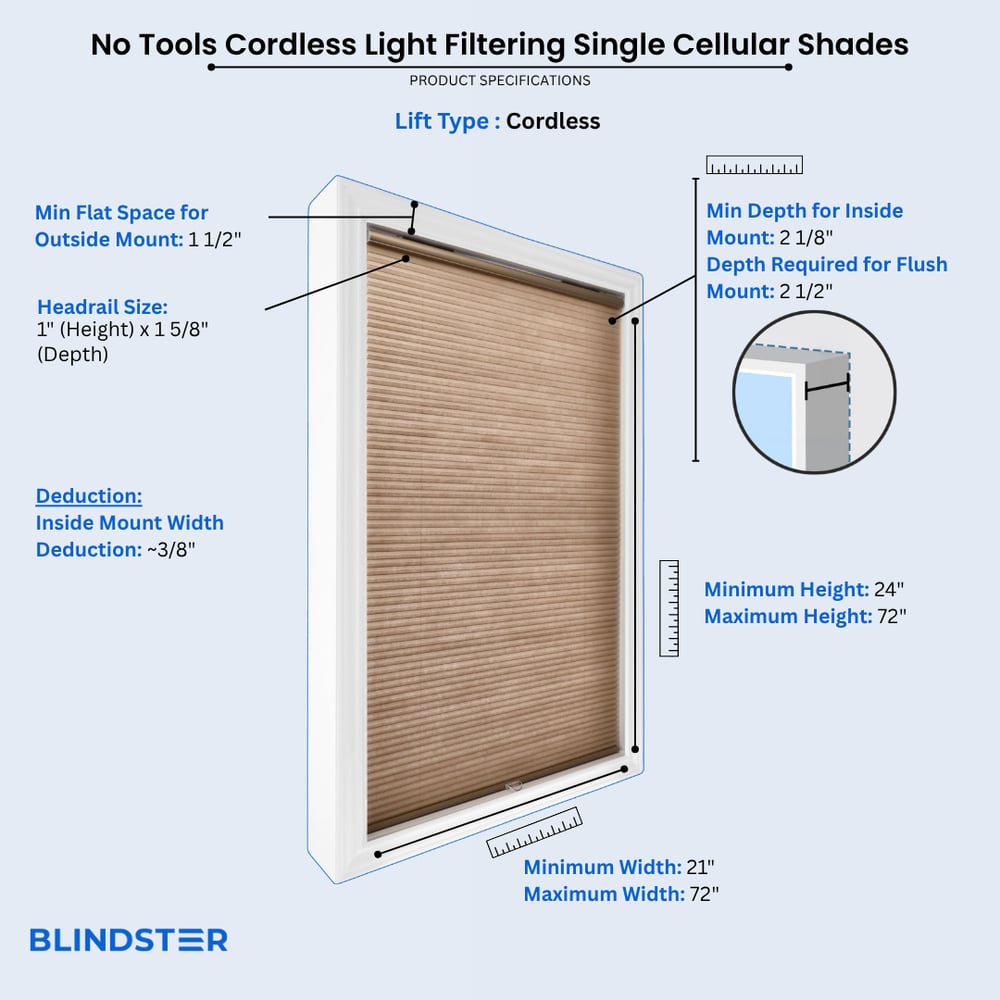 No Tools Cordless Light Filtering Single Cellular Shades dimensions diagram