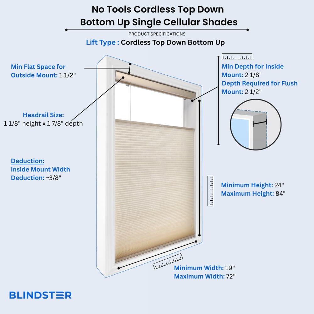 No Tools Cordless Top Down Bottom Up Single Cellular Shades dimensions diagram