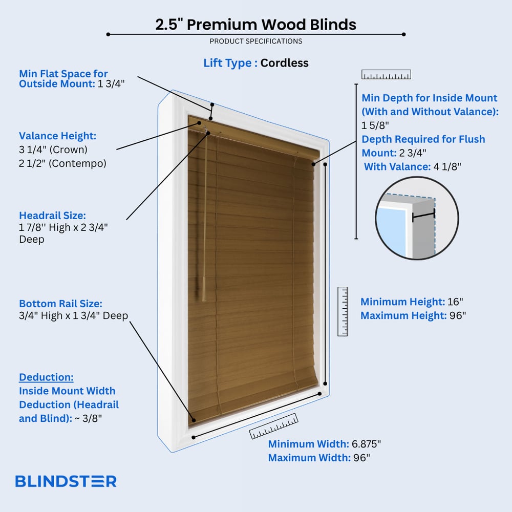 2 1/2 Inch Premium Wood Blinds dimensions diagram