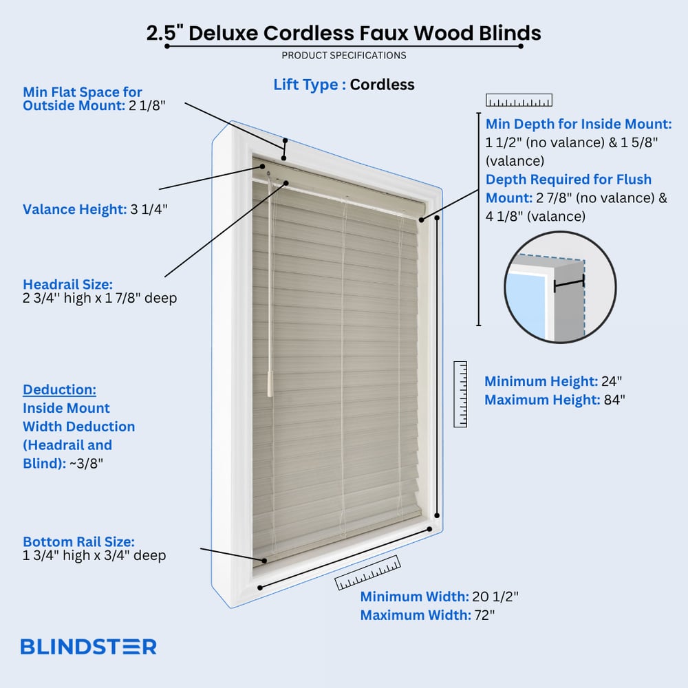 2 1/2 Inch Deluxe Cordless Faux Wood Blinds dimensions diagram
