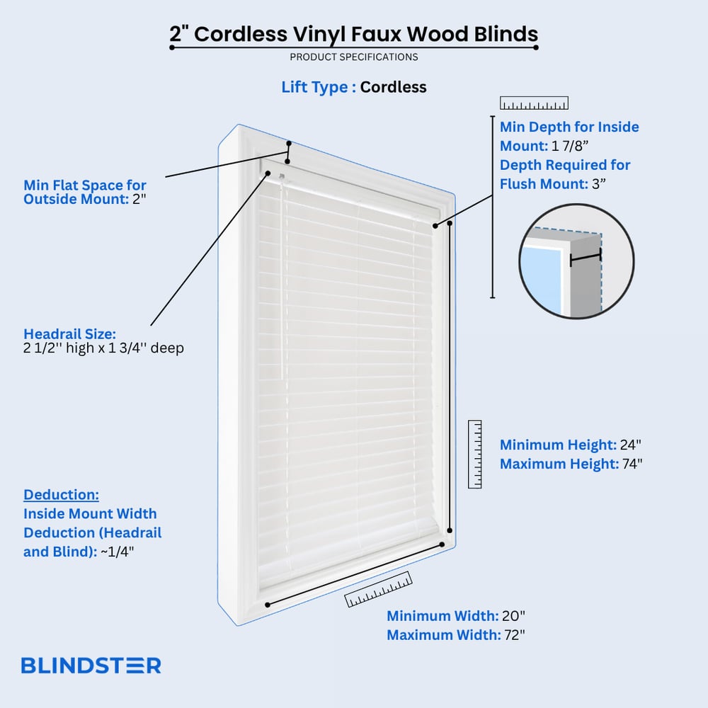 2 Inch Cordless Vinyl Faux Wood Blinds dimensions diagram