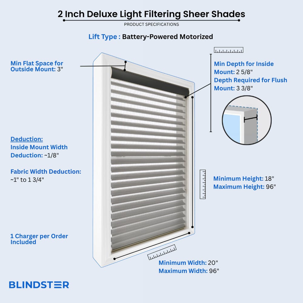 2 Inch Deluxe Light Filtering Sheer Shades dimensions diagram 2 of 2