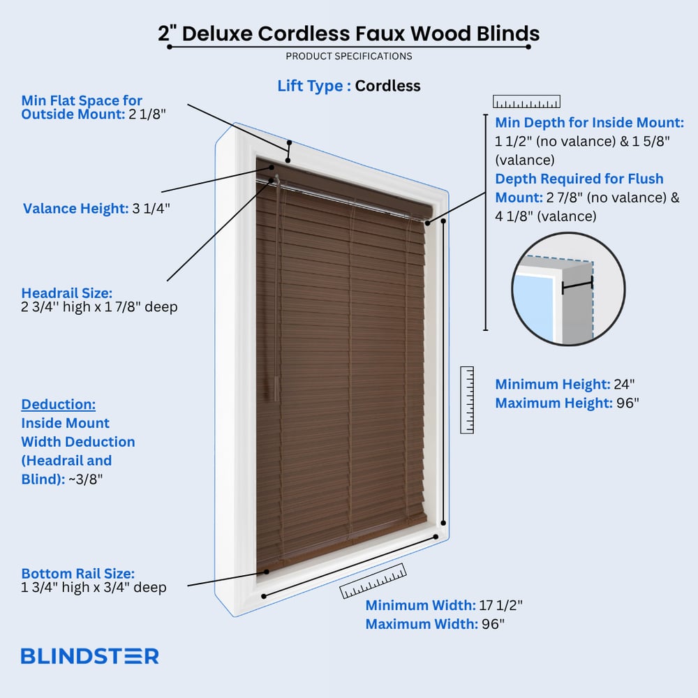 2 Inch Deluxe Cordless Faux Wood Blinds dimensions diagram