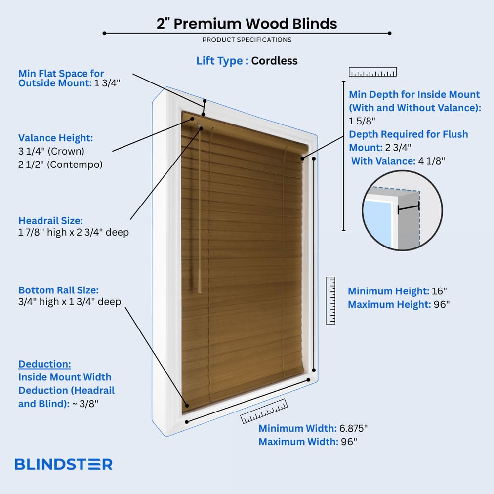 2 Inch Premium Wood Blinds dimensions diagram