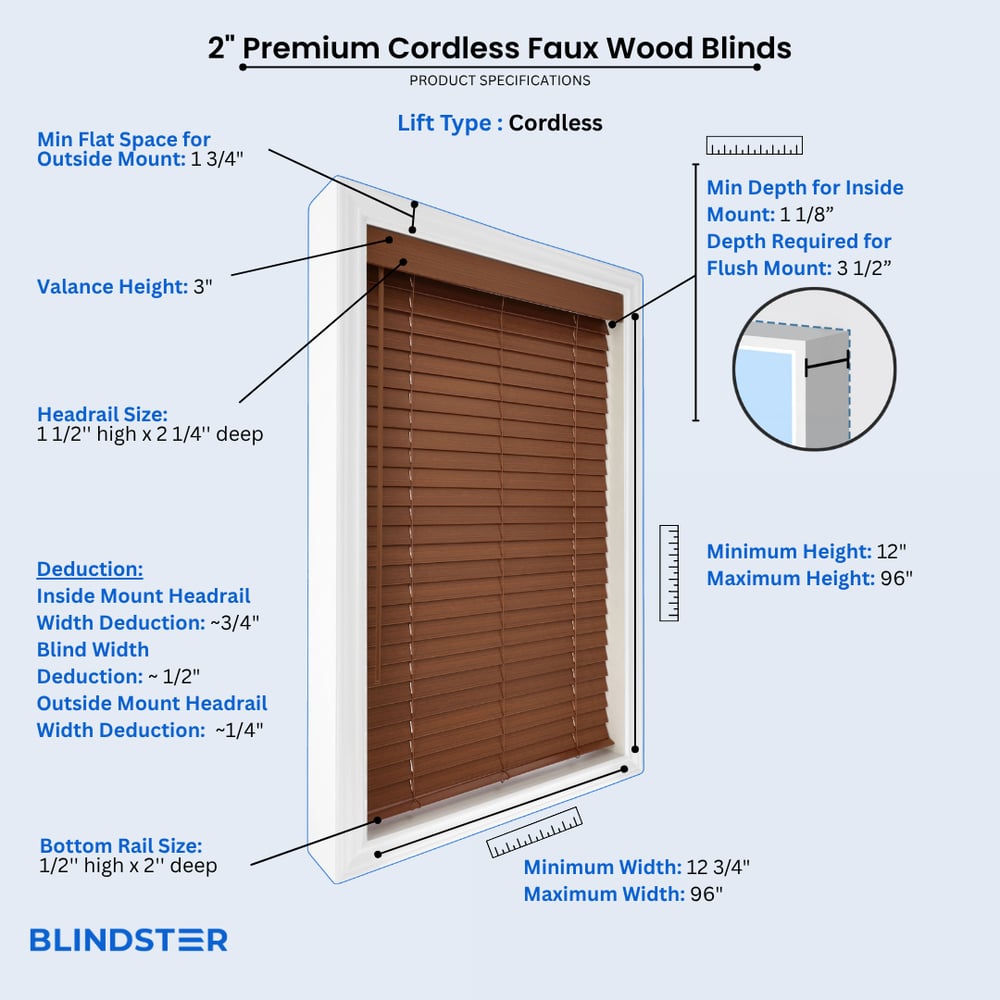 2 Inch Premium Cordless Faux Wood Blinds dimensions diagram