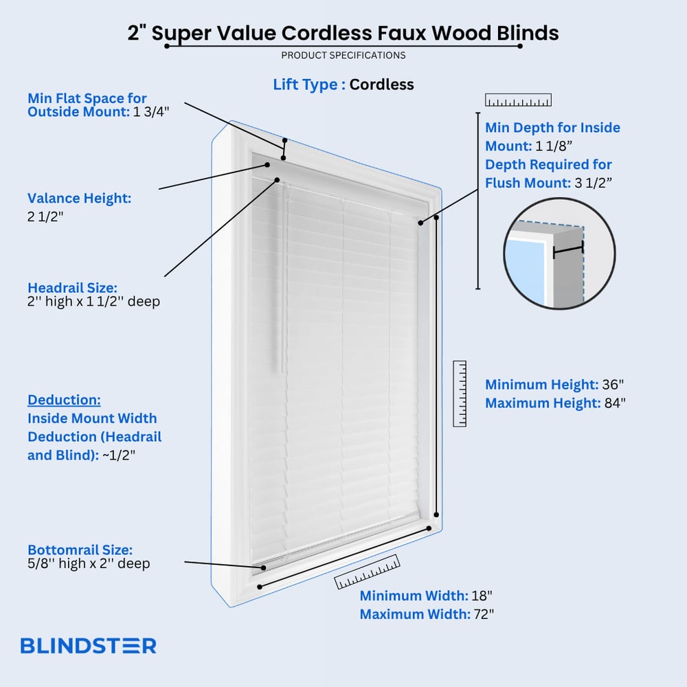2 Inch Super Value Cordless Faux Wood Blinds dimensions diagram