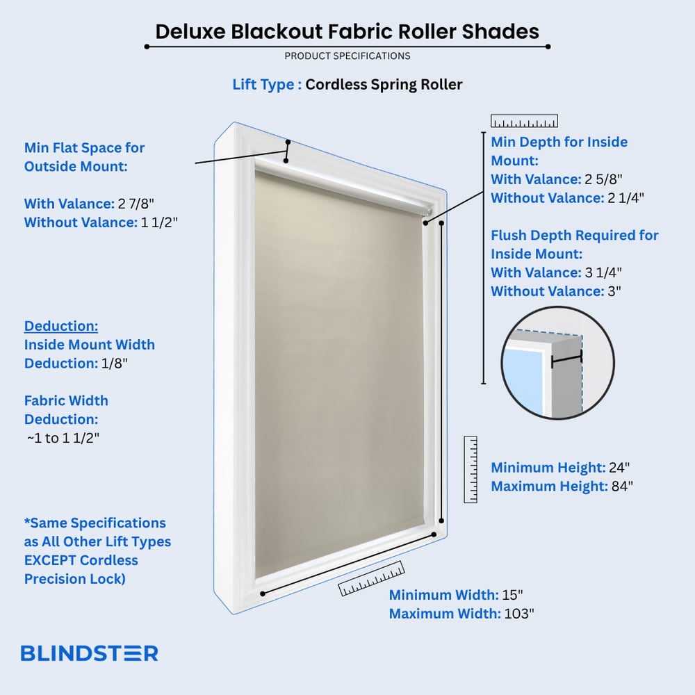 Deluxe Blackout Fabric Roller Shades dimensions diagram 1 of 5