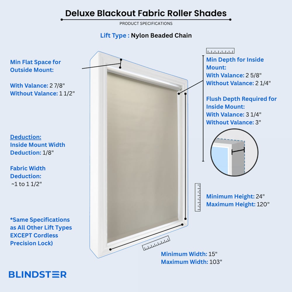 Deluxe Blackout Fabric Roller Shades dimensions diagram 2 of 5