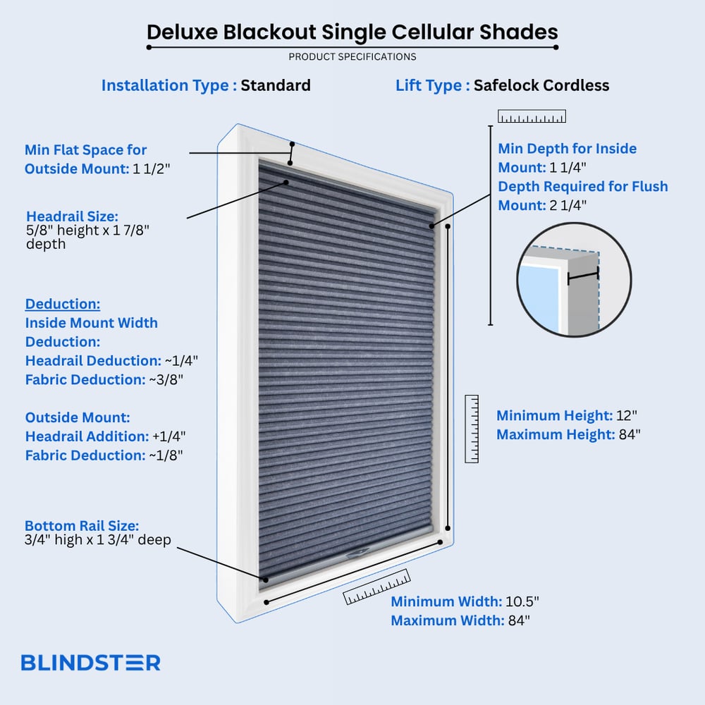 Deluxe Blackout Single Cellular Shades dimensions diagram 1 of 10