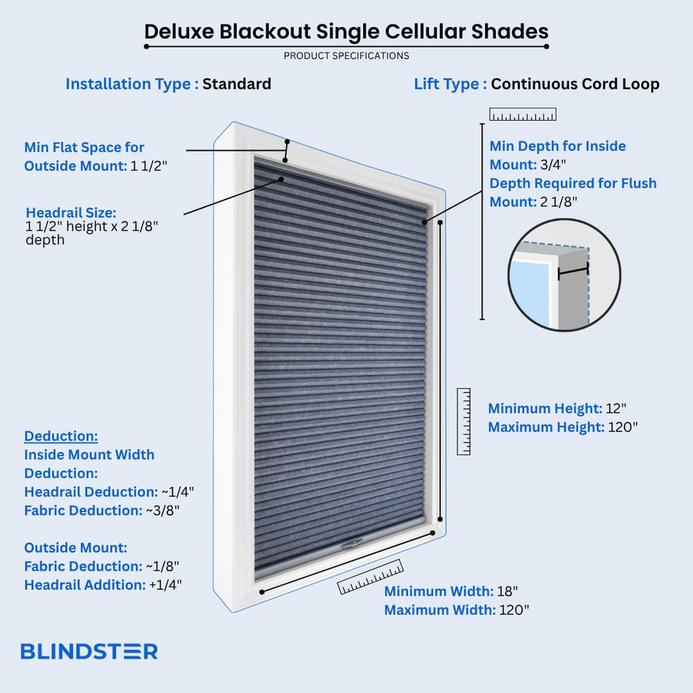 Deluxe Blackout Single Cellular Shades dimensions diagram 3 of 10