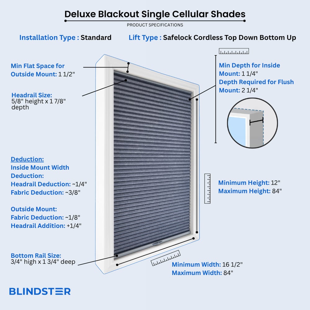 Deluxe Blackout Single Cellular Shades dimensions diagram 5 of 10