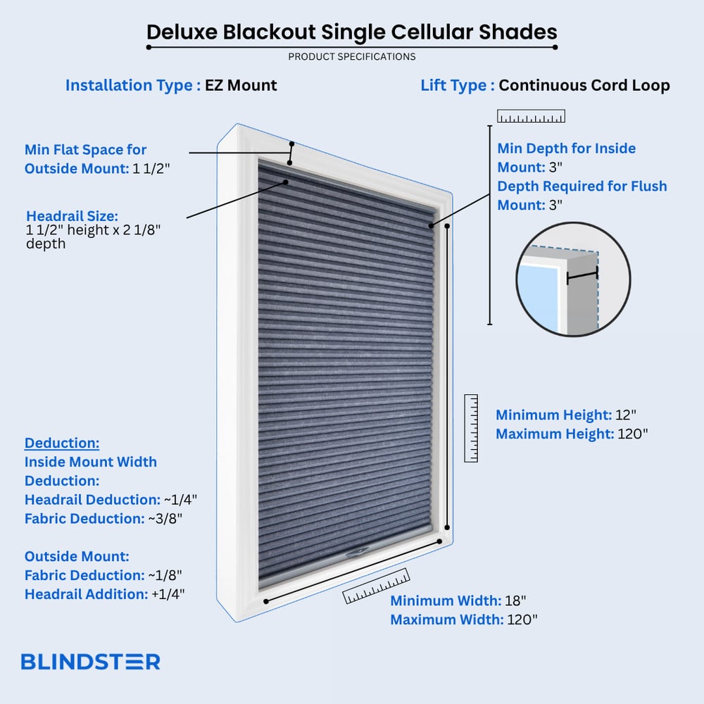 Deluxe Blackout Single Cellular Shades dimensions diagram 4 of 10