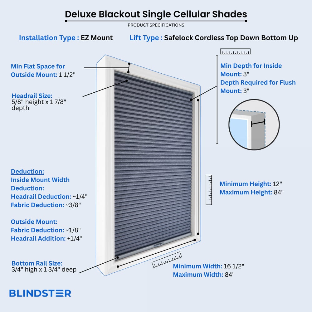 Deluxe Blackout Single Cellular Shades dimensions diagram 6 of 10