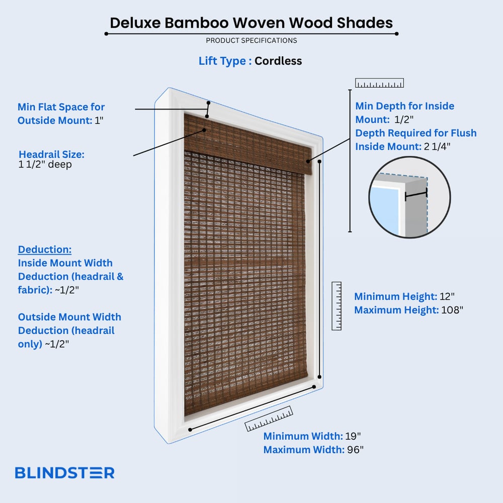 Deluxe Bamboo Woven Wood Shades dimensions diagram 1 of 3