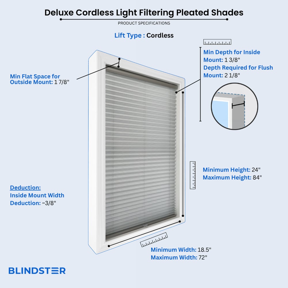 Deluxe Cordless Light Filtering Pleated Shades dimensions diagram