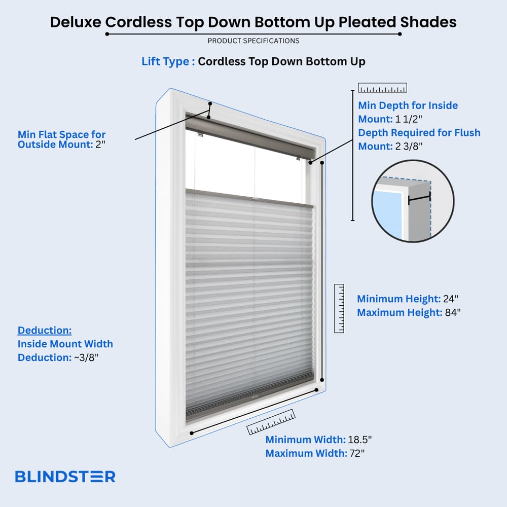 Deluxe Cordless Top Down Bottom Up Pleated Shades  dimensions diagram