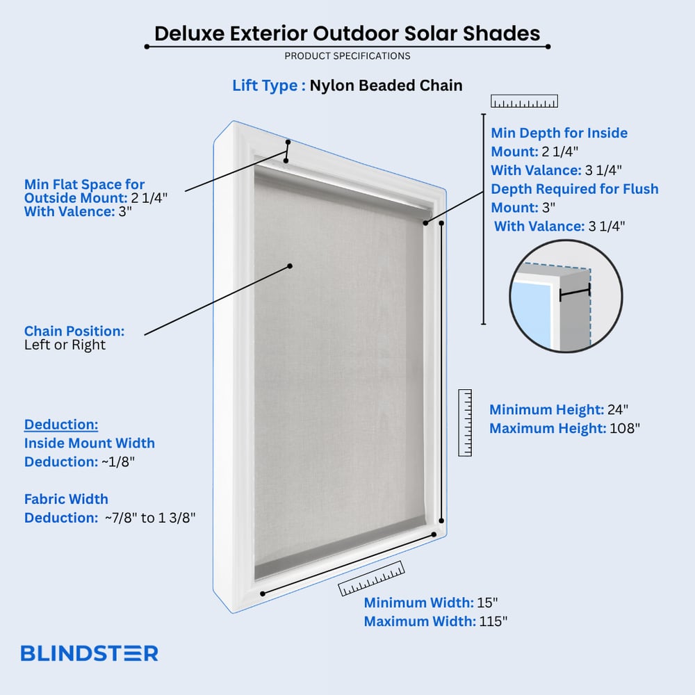 Deluxe Exterior Outdoor Solar Shades dimensions diagram