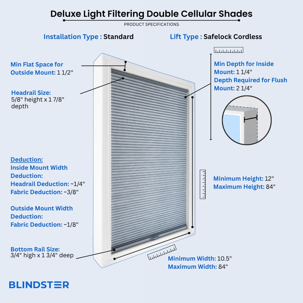 Deluxe Light Filtering Double Cellular Shades dimensions diagram 1 of 10