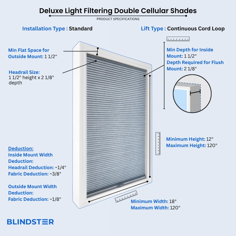 Deluxe Light Filtering Double Cellular Shades dimensions diagram 3 of 10