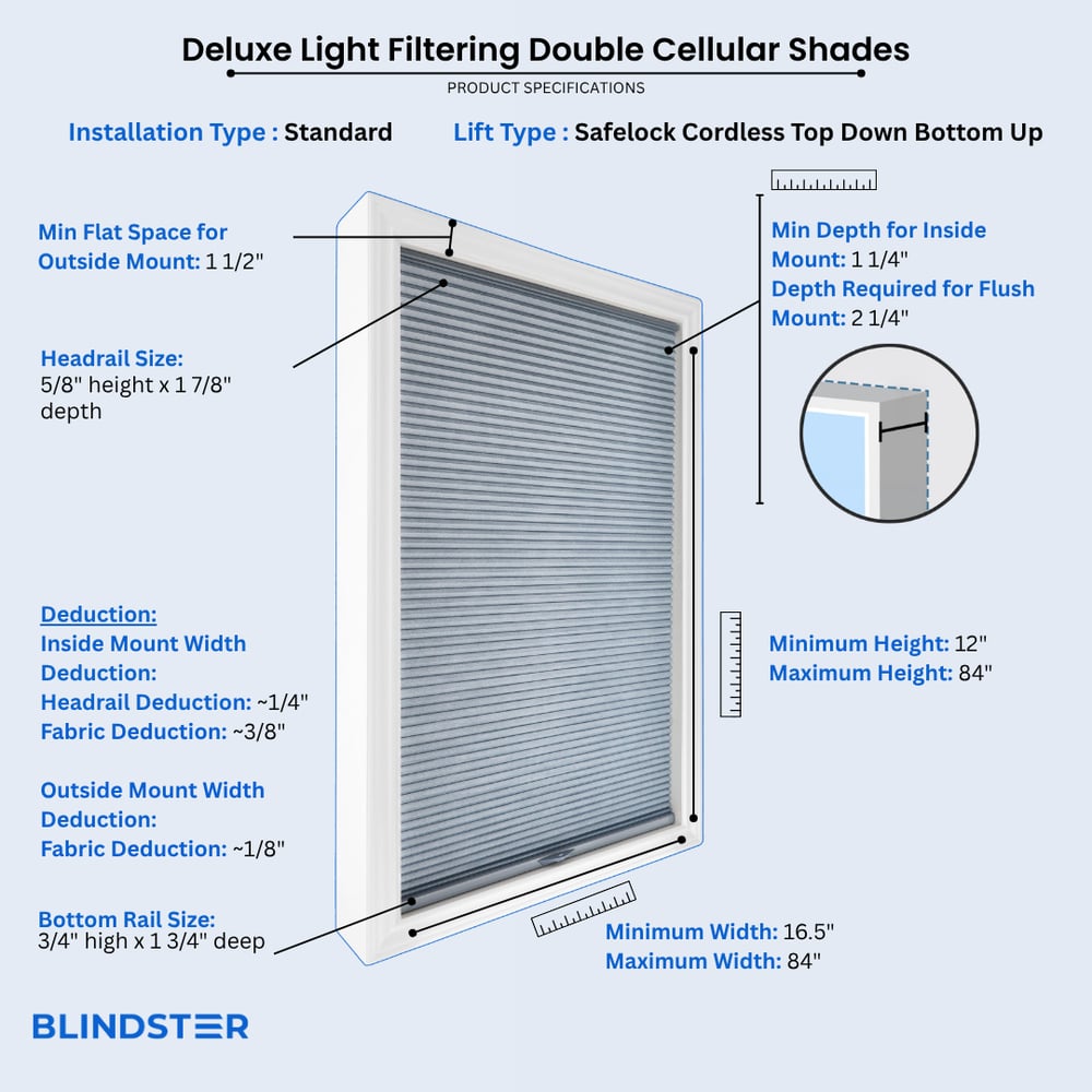 Deluxe Light Filtering Double Cellular Shades dimensions diagram 5 of 10