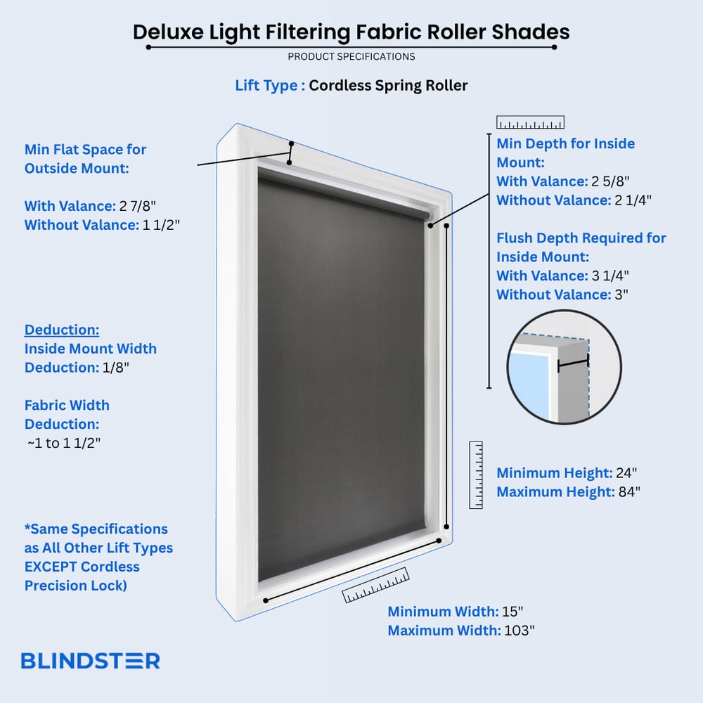 Deluxe Light Filtering Fabric Roller Shades dimensions diagram 1 of 5