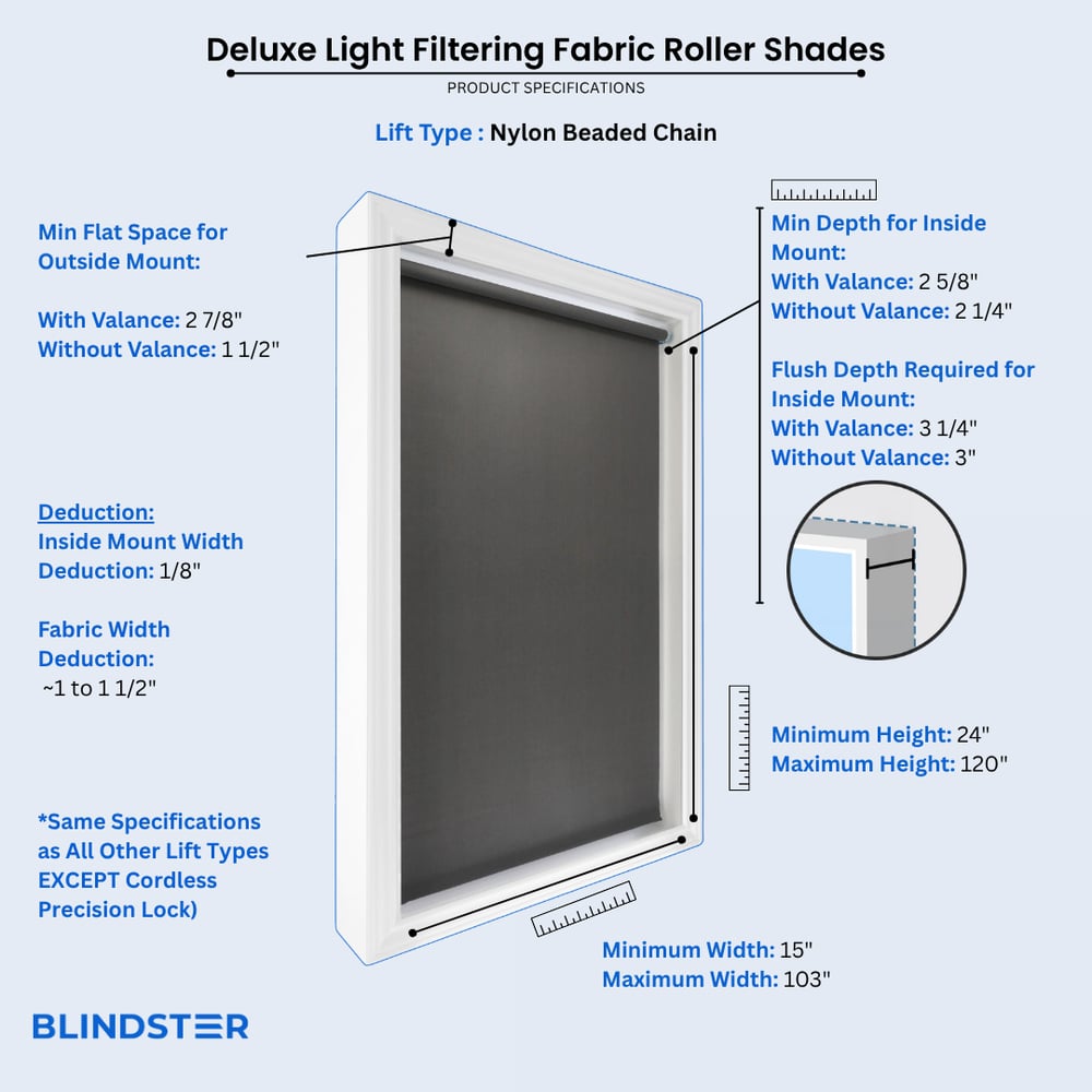 Deluxe Light Filtering Fabric Roller Shades dimensions diagram 2 of 5