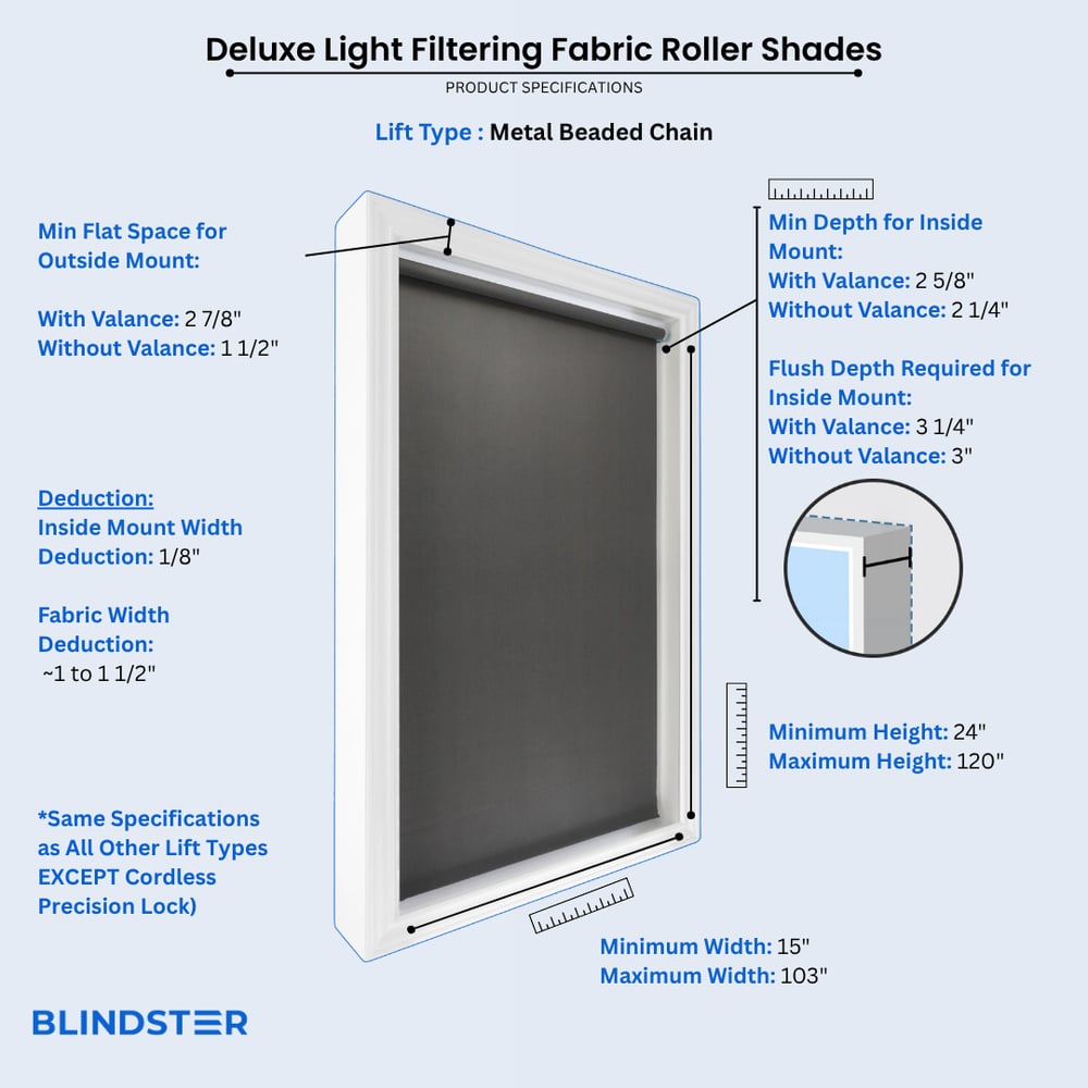 Deluxe Light Filtering Fabric Roller Shades dimensions diagram 3 of 5