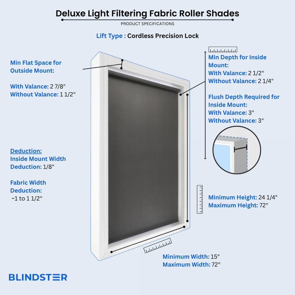 Deluxe Light Filtering Fabric Roller Shades dimensions diagram 4 of 5