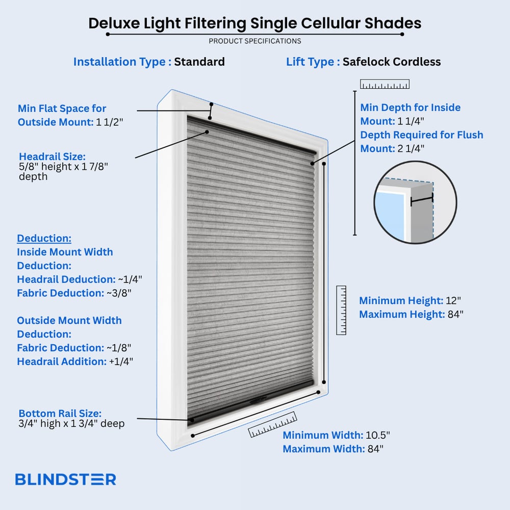 Deluxe Light Filtering Single Cellular Shades dimensions diagram 1 of 10