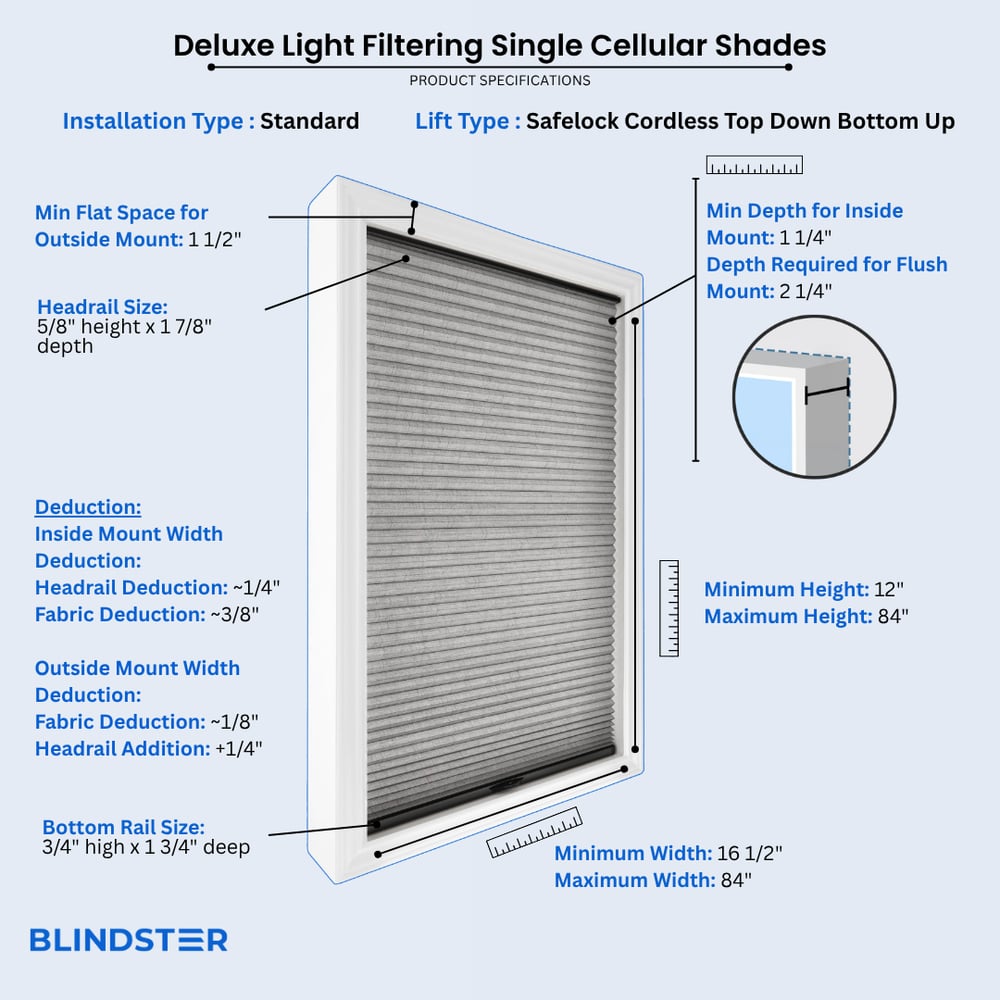 Deluxe Light Filtering Single Cellular Shades dimensions diagram 5 of 10