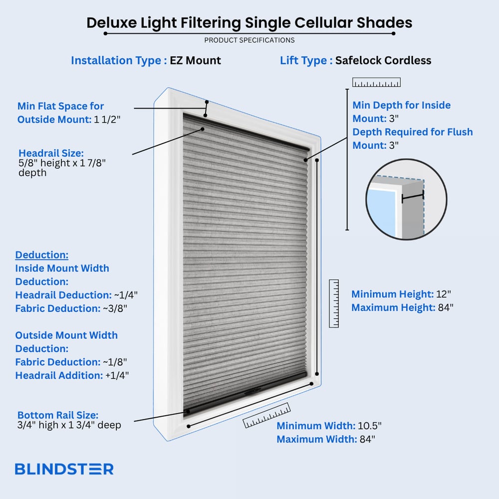 Deluxe Light Filtering Single Cellular Shades dimensions diagram 2 of 10