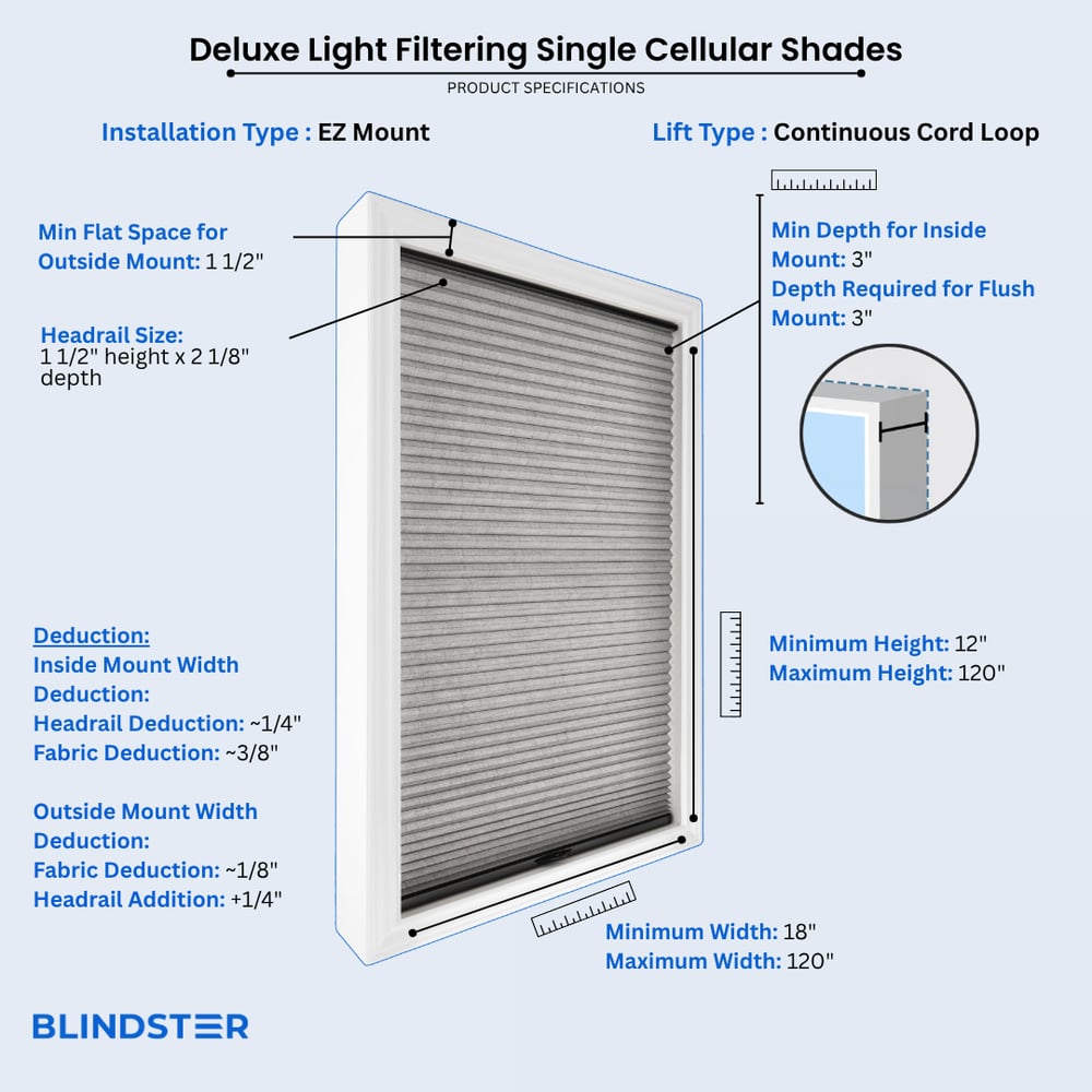 Deluxe Light Filtering Single Cellular Shades dimensions diagram 4 of 10
