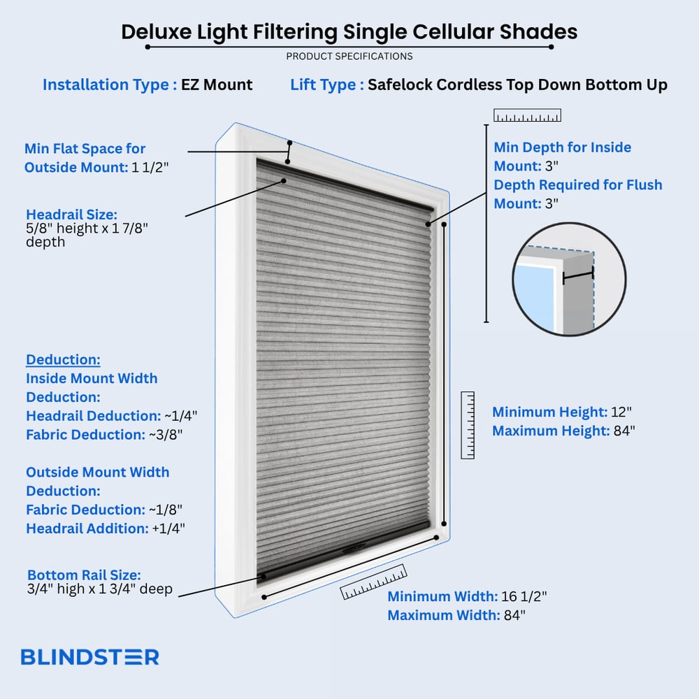Deluxe Light Filtering Single Cellular Shades dimensions diagram 6 of 10