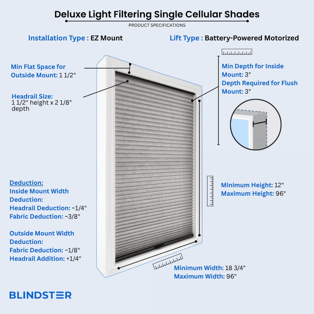 Deluxe Light Filtering Single Cellular Shades dimensions diagram 8 of 10