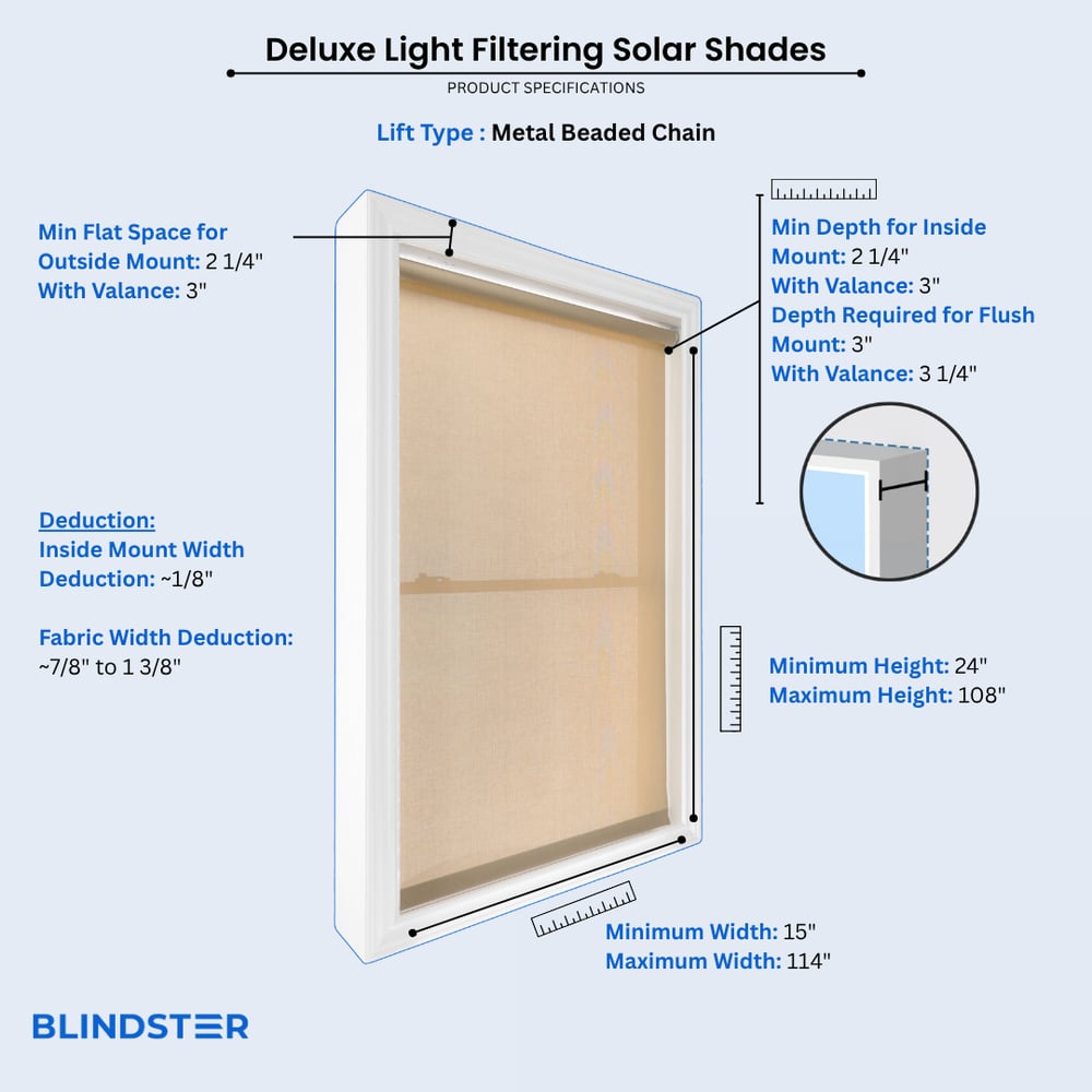 Deluxe Light Filtering Solar Shades dimensions diagram 3 of 5
