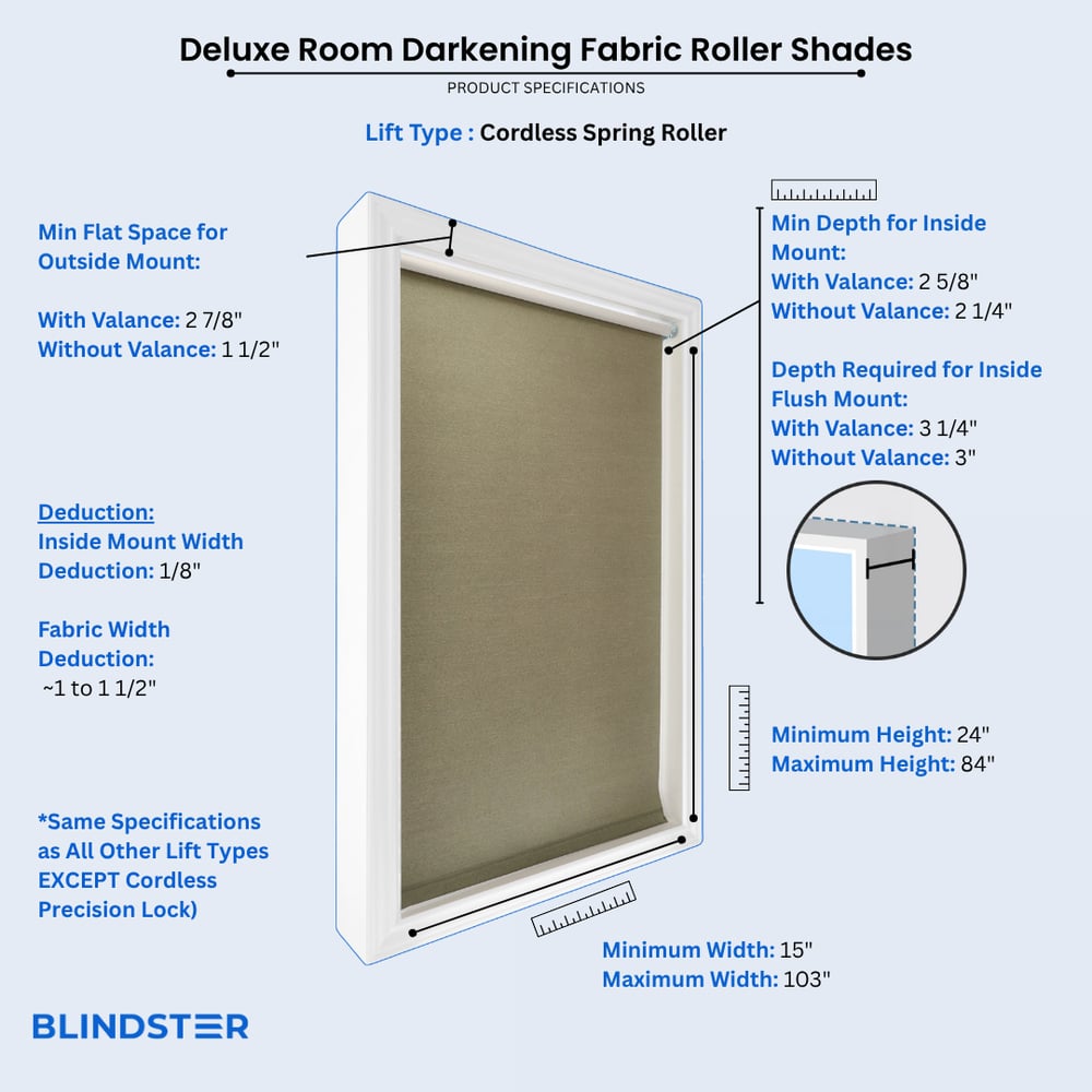 Deluxe Room Darkening Fabric Roller Shades dimensions diagram 1 of 5