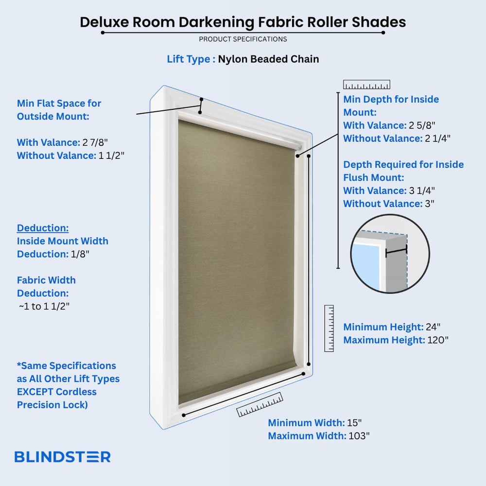 Deluxe Room Darkening Fabric Roller Shades dimensions diagram 2 of 5