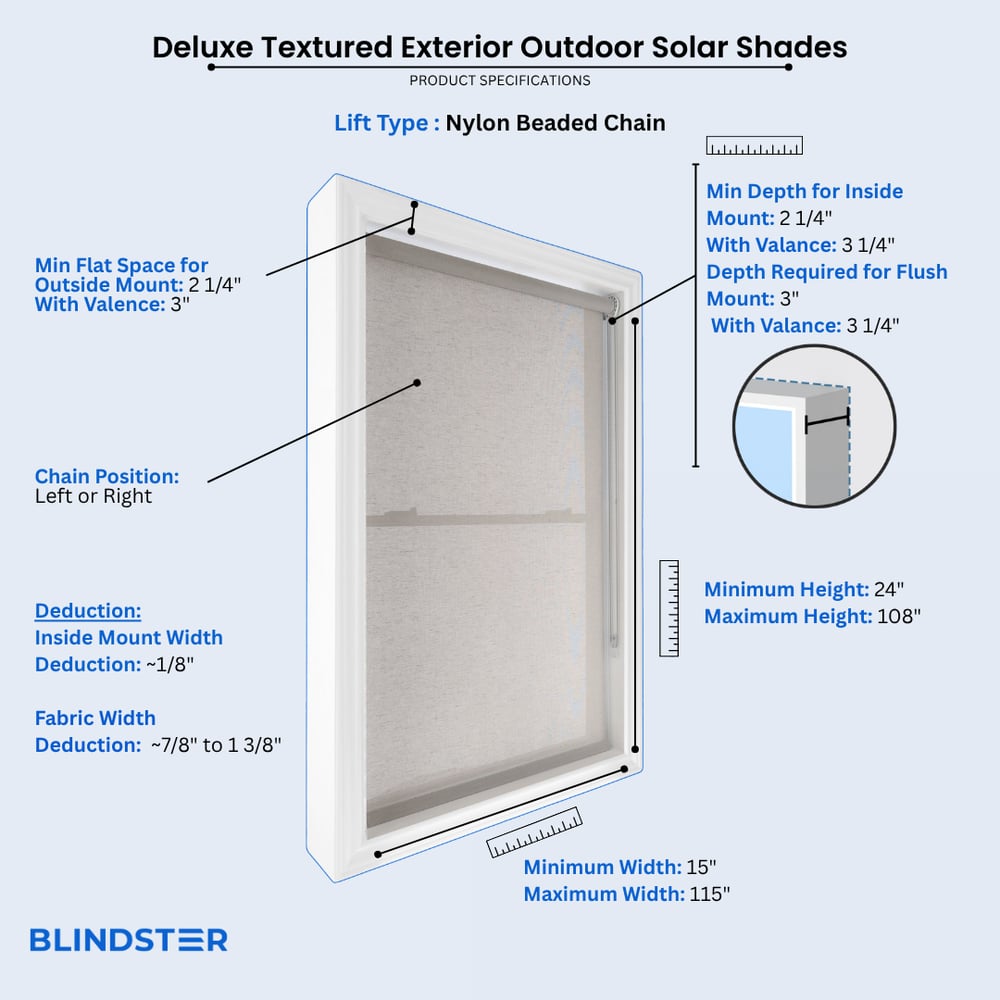 Deluxe Textured Exterior Outdoor Solar Shades dimensions diagram