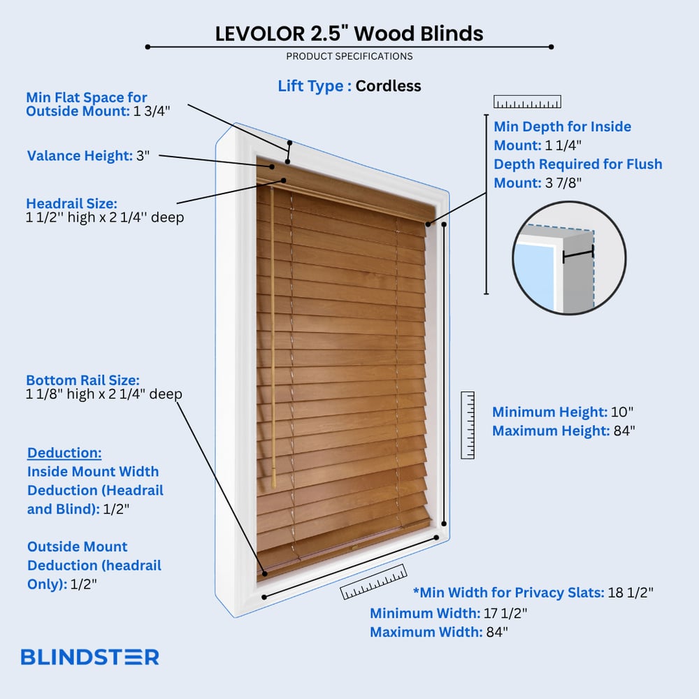 LEVOLOR 2 1/2 Inch Wood Blinds dimensions diagram