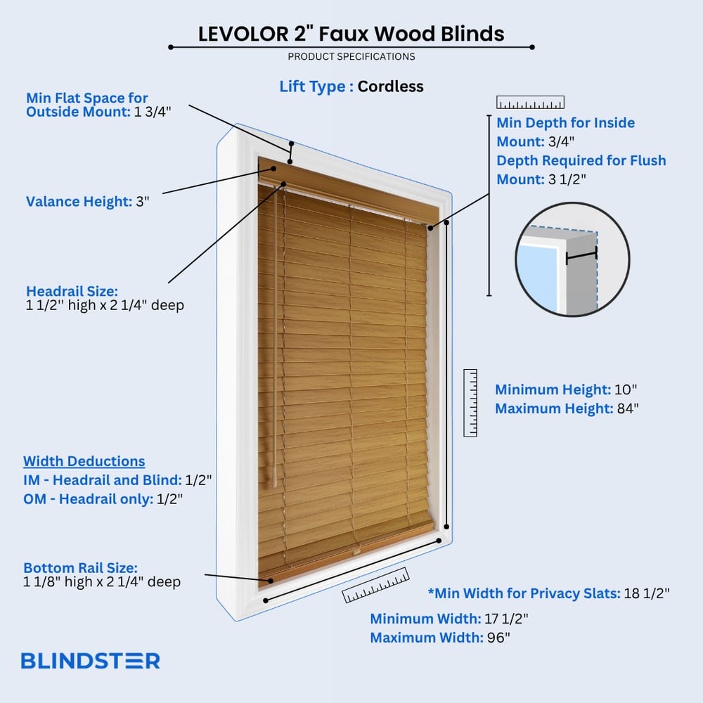 LEVOLOR 2 Inch Faux Wood Blinds dimensions diagram